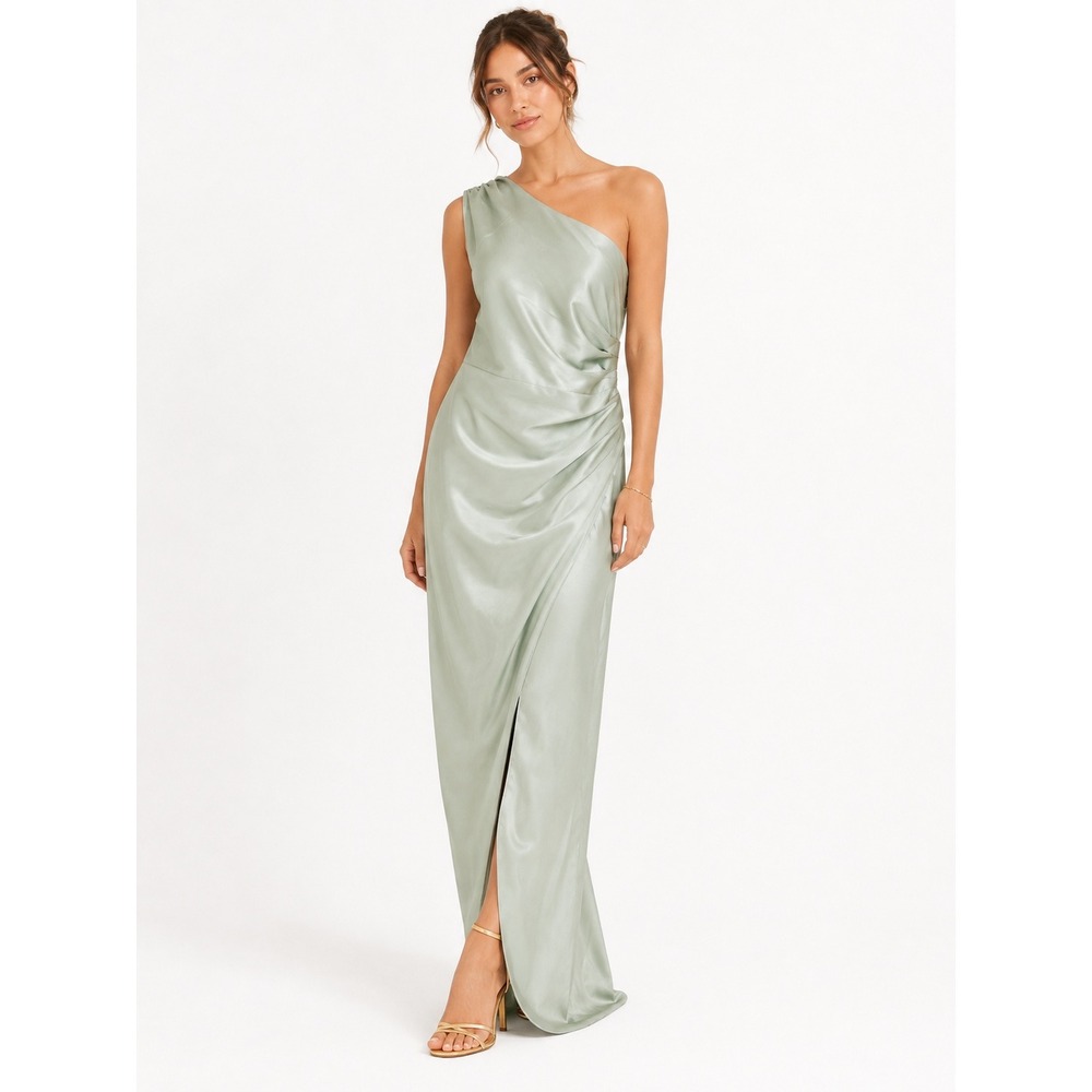 BHLDN One Shoulder Satin Long Maxi Dress Sage Green Draped Formal Gown Large